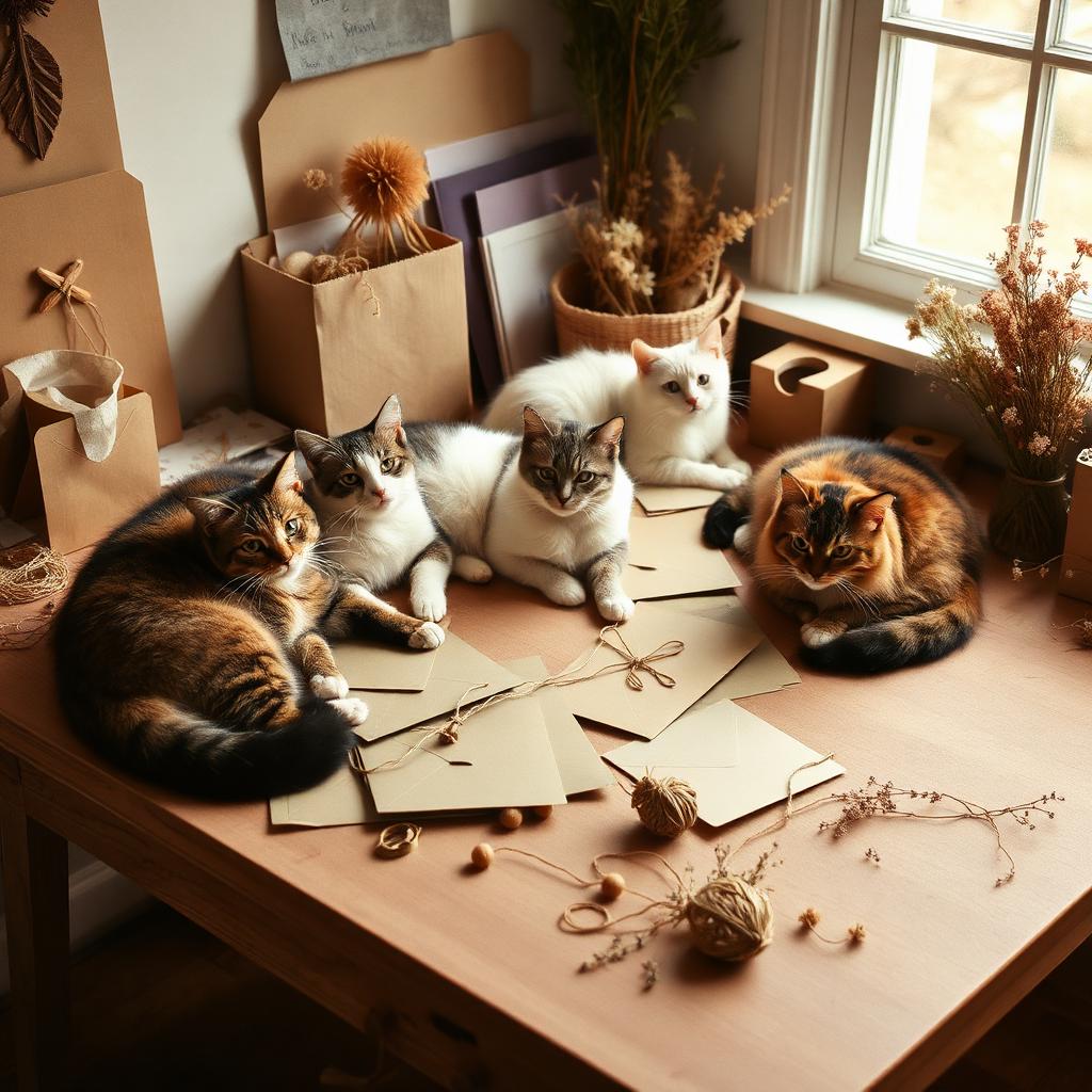 Ashley's studio desk with her three cats among craft supplies